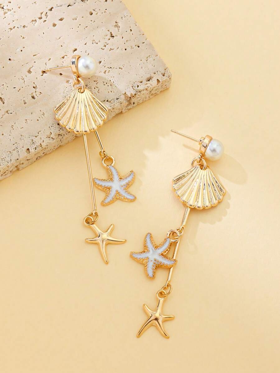 1 Pair Romantic Ocean Style Seashell & Starfish Tassel Earrings, Elegant Faux Pearl Dangle Earrings, Charming Women Jewelry, Summer Earrings Suitable For Daily Wear, Beach Date And Vacation