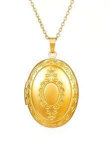 1pc Vintage Stainless Steel Locket Pendant Necklace, Open Design Can Hold Photos, Hollow Round Frame Necklace - Yellow Gold - View 12