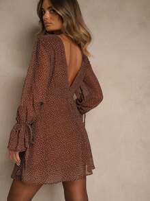 Vices Polka Dot Puff Sleeve Flared Dress - Brown - View 3