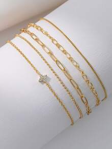 Nooxian 5 件套女士手链，波西米亚夏日海滩风格，包括金色多层链、安全别针链、串珠链、锆石三叶草吊坠多层手链套装，可叠戴珠宝礼物 - 金黃色 - 查看 4