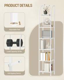 HEXCELEN Bookshelf Narrow Bookcase, Tall Storage Rack With Steel Frame, Display Standing Shelf Unit, Skinny Book Shelf For Study Living Room Home Office, Industrial Style, Room Furniture, 6-Tier White - 白色 - 查看 4