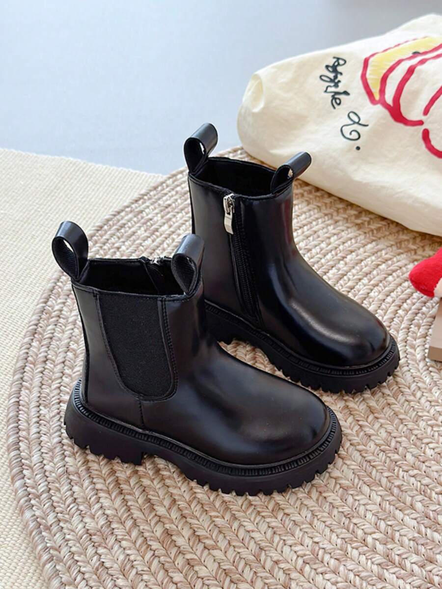 1 Pair Fashionable Solid Color Leather Boots, Unisex, With Side Zipper Design For Easy Wear, Microfiber Leather Upper For Easy Cleaning, Suitable For Outdoor Activities In Autumn/Winter
