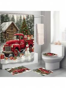 1 pièce/4 pièces Ensemble de rideaux de douche avec camion rouge vintage et sapin de Noël, rideau de douche imprimé avec 12 crochets, tapis de bain antidérapant, tapis en U et housse de siège de toilette ronde, ensemble de salle de bain pour toutes les occasions