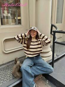 Pulover HoloChill pentru femei, casual, cu guler rotund, cu dungi, în culori blocate, model casual de vară, model nou, Carnaval