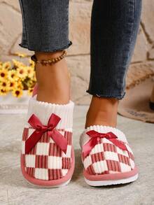 Pantuflas de casa casuales y suaves para mujer con diseño de lazo, esenciales cómodos para el hogar en todas las estaciones, zapatos rojos de verano, regalos de pareja y cumpleaños, lindas pantuflas de interior para el hogar. Regalos de San Valentín. - Rojo - Ver 2