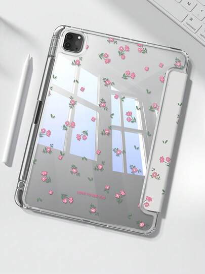 Cartoon Pink Floral & Letter Pattern Double-Sided Acrylic Transparent Crystal Protective Case With Sleep/Wake Function, Compatible With 10th Gen IPad, 10.2" IPad (7th/8th/9th Gen), And 10.9" IPad Air (4th/5th Gen), Includes Stylus Holder, Ideal For Holiday Gifts