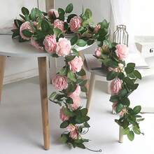 1pc Artificial Pink Silk Peony Floral Vine, Evergreen Ivy Garland For Wedding Party Wall Hanging, Home Garden Decor