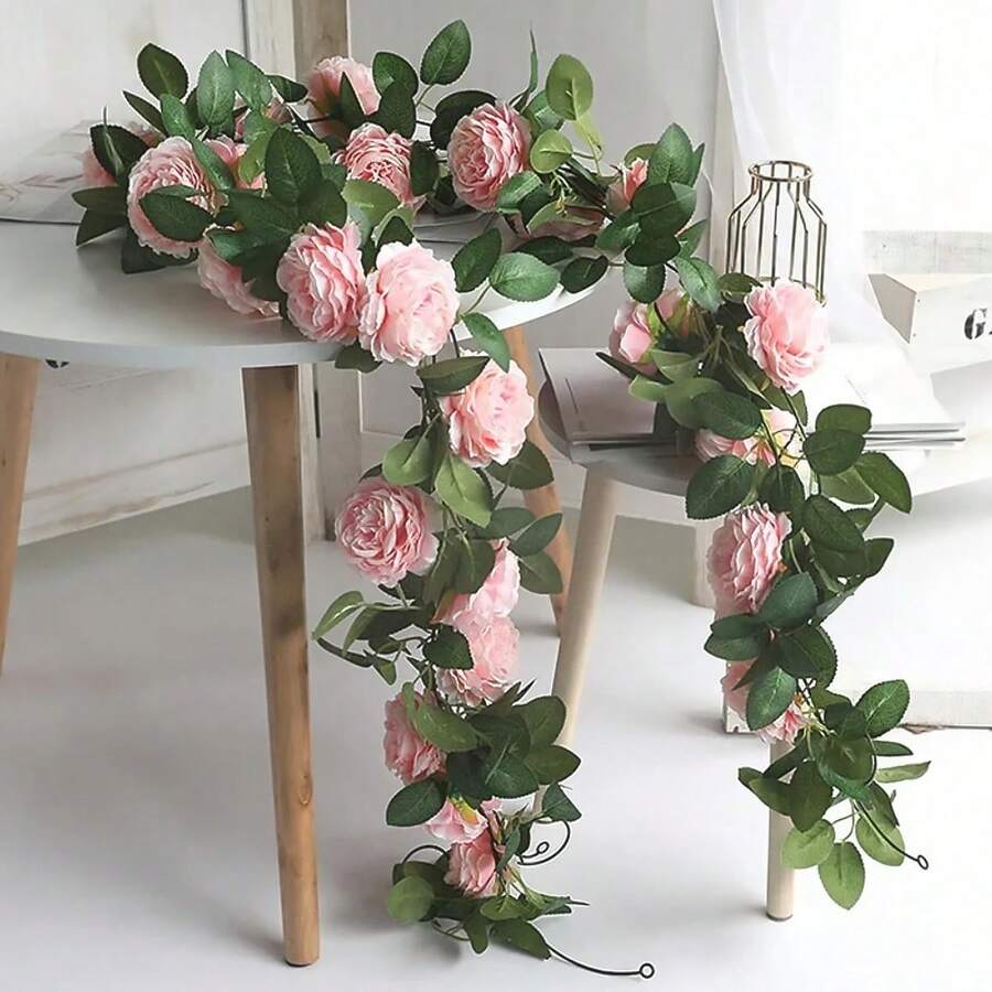 1pc Artificial Pink Silk Peony Floral Vine, Evergreen Ivy Garland For Wedding Party Wall Hanging, Home Garden Decor