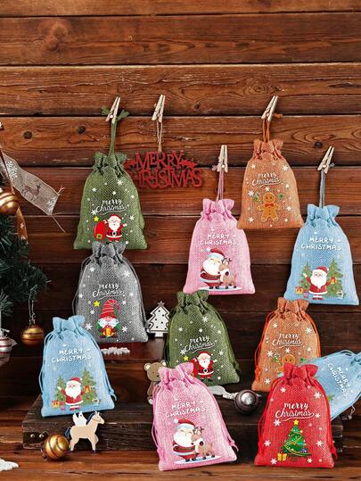 8pcs Christmas Burlap Drawstring Gift Bags, Linen Xmas Gift Bags, Holiday Gift Bag Reusable, Mini Gift Bag Jewelry Drawstring Burlap Bag, For Xmas Presents Party Favors Burlap Sack, Wedding, Birthday, Party Favors, Present