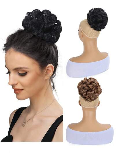 6" Natural Black Messy Bun Hair Piece,Loose Wave Curly Hair Buns Hair Piece Elastic Drawstring Messy Bun Short Curly Ponytail Extension Synthetic Hair Extensions Hair Bun For Women Daily Use