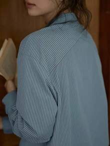 Women's Casual Striped Print Patchwork Pocket Long Sleeve Shirt, Suitable For Daily Commute And Workplace, Spring/Autumn