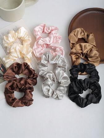 12pcs Elegant Solid Satin Fabric Hair Scrunchies, Simple Versatile All-Match Everyday Commute Outdoor Hair Tie For Ponytail, Bun ,Scrunchy Hair Ties