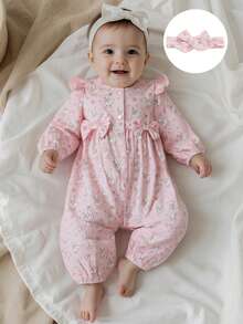 Infant Baby Girl Outfit Goose Heart Print Crew Neck Long Sleeve Jumpsuit Newborn Romper Fall Winter Clothes Headband - 粉色 - 查看 3