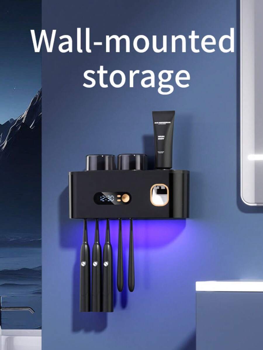 1pc USB Rechargeable Multifunctional Smart UV Toothbrush Sanitizer With Toothpaste Dispenser, Wall-Mounted Storage Rack, 5 Toothbrush Slots And 2 Cups, Bathroom Organizer Home Decor, Back To School Dorm Supplies
