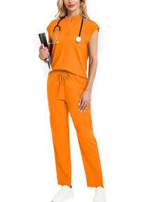 Set de 2 piezas: Top de manga corta con cuello en V de unicolor y pantalones largos de ropa de estar por casa para primavera - Naranja - Ver 6