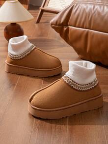 Men's Solid Color Thick Sole Slip-On Backless Slippers, Minimalist Fashion Unisex Snow Boots For Winter - Brown - View 2