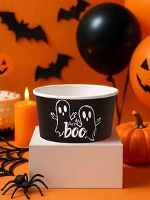 10pcs Halloween Themed Disposable Paper Bowl, Halloween Black White Ghost Pattern Party Decoration Paper Bowl, Halloween Ghost Disposable Food Container, Halloween Dining Table Decoration Paper Bowl, Halloween Horror Element Disposable Paper Container, Paper Bowl Container For Treat Candy Snack Nacho Cookie Trick Or Treating Birthday Party Favor, Halloween Decoration, Halloween Food Tray