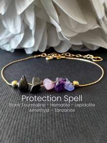 Pulsera o tobillera de protección - Joyería de mente de cristal en bruto para blindaje de poder y energía con cadena de cobre - Protección - Ver 1