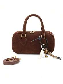 Vintage Fashionable Versatile Textured Boston Bag, Elegant Charm Decor Large Capacity Tote, Unique Solid Color Crossbody Bag, Suitable For Commuting, Shopping And Work (Charm Style Random) - Coffee - View 9