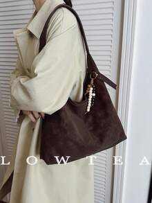 low tea 1件纯色绒面革皮革磁扣女士手提包单肩钱包手提包，真皮顶部提手，适合旅行、购物、约会、女士礼物、工作、商务、通勤（带吊坠肩带） - 咖啡棕 - 查看 5