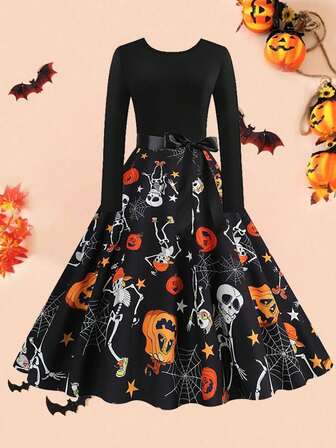 Plus Size Vintage Pumpkin & Skull Print Round Neck High Waist Patchwork Long Sleeve Flare Dress With Ribbon