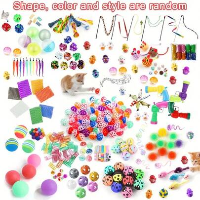 Juego de 64 piezas/48 piezas/32 piezas/16 piezas de juguetes mixtos para gatos - Variedad de juguetes de plástico de colores, adecuados para múltiples gatos, los mantiene entretenidos a diario, paquete de regalo de surtido de juguetes para gatos, juguetes de cebo para gatos