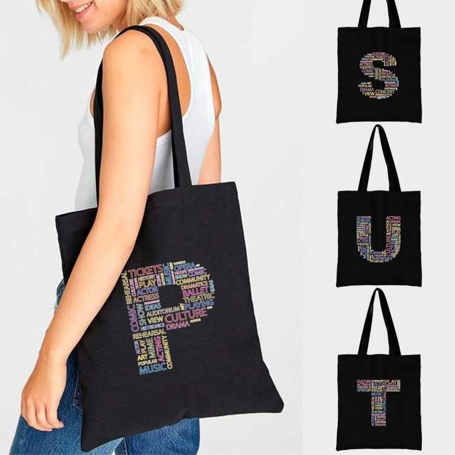 Grand sac fourre-tout à capacité élevée pour le travail, les déplacements, sac de transport avec motif lettre, sac en canevas, sac d'épaule pour les livres de l'université, sac de courses léger