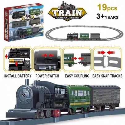 19 件复古火车 STEM 玩具 - 教育 DIY 电动模型套装，电动火车轨道，培养小工程师，生日/儿童节惊喜礼物，送给男孩和女孩的最佳礼物 - 配件随机