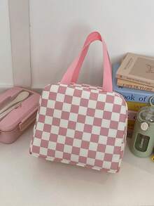 Bolso de mano grande de nailon con estampado de cuadros, bolsa de almuerzo de moda
