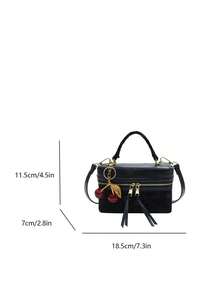 1 件女士时尚方形手提包，优雅斜挎包，带手机袋，黑色，带樱桃吊饰 - 黑色 - 查看 12