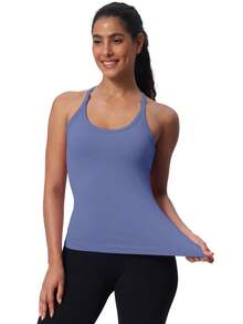 Workout Tank Tops For Women Built In Shelf Bras Padded -Racerback Athletic Tank Tops Ribbed Yoga Shirts - 灰藍色 - 查看 4