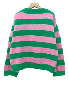Fall Women Striped Oversized Pullover Sweater, Crew Neck,Drop Shoulder,Relaxed Fit,Retro Vibe,Korean Casual,Easy Comfort For Back To School Sweater,Festive Red Sweater,Christmas Gift New Year Eve Valentine's Date - Green - View 5