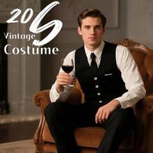 1920s Mens Costume, Roaring 20s Costumes Men, 1920S Mens Outfit Accessories With Vest Hat Pocket Watch Tie Armband - 加大尺寸+黑色(含腰帶) - 查看 2