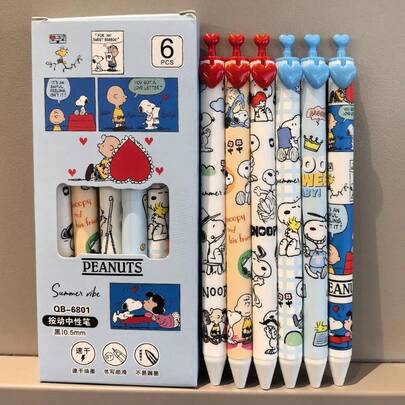  Set de 6 bolígrafos de tinta negra de 0.5mm con forma de corazón de Snoopy - Edición limitada de alta rentabilidad, escritura suave, adecuado para estudiantes, exámenes y útiles de aprendizaje