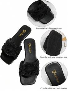 2025 Nouvelles sandales plates à enfiler élégantes pour femmes avec embellissements en cristal français et bout carré. Convient pour le printemps, l'été et l'automne, à porter avec des robes