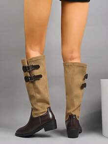 Westlicher Stil Schlüpf-Stiefel modisch sexy vielseitig Kniehohe Stiefel, bequeme & schöne Kniehohe Stiefel mit niedrigem Absatz rutschfest für Frauen, Outdoor Country Resort Kniehohe Stiefel, Schneestiefel, Wadenlange Stiefel, Plateau Dicksohlenstiefel, Reitstiefel, Kampfstiefel, wasserdichte Plateau Laufschuhe, Wanderschuhe, Stiefel mit Plateauabsatz, Patchwork Stiefel, Kniehohe Modestiefel