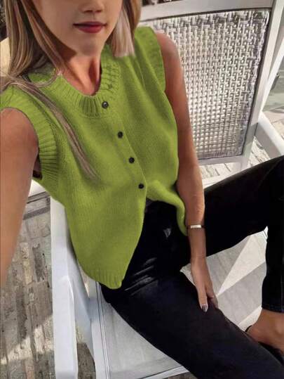 Women's Minimalist Round Neck Solid Color Button-Front Knit Cardigan Vest, Christmas & New Year