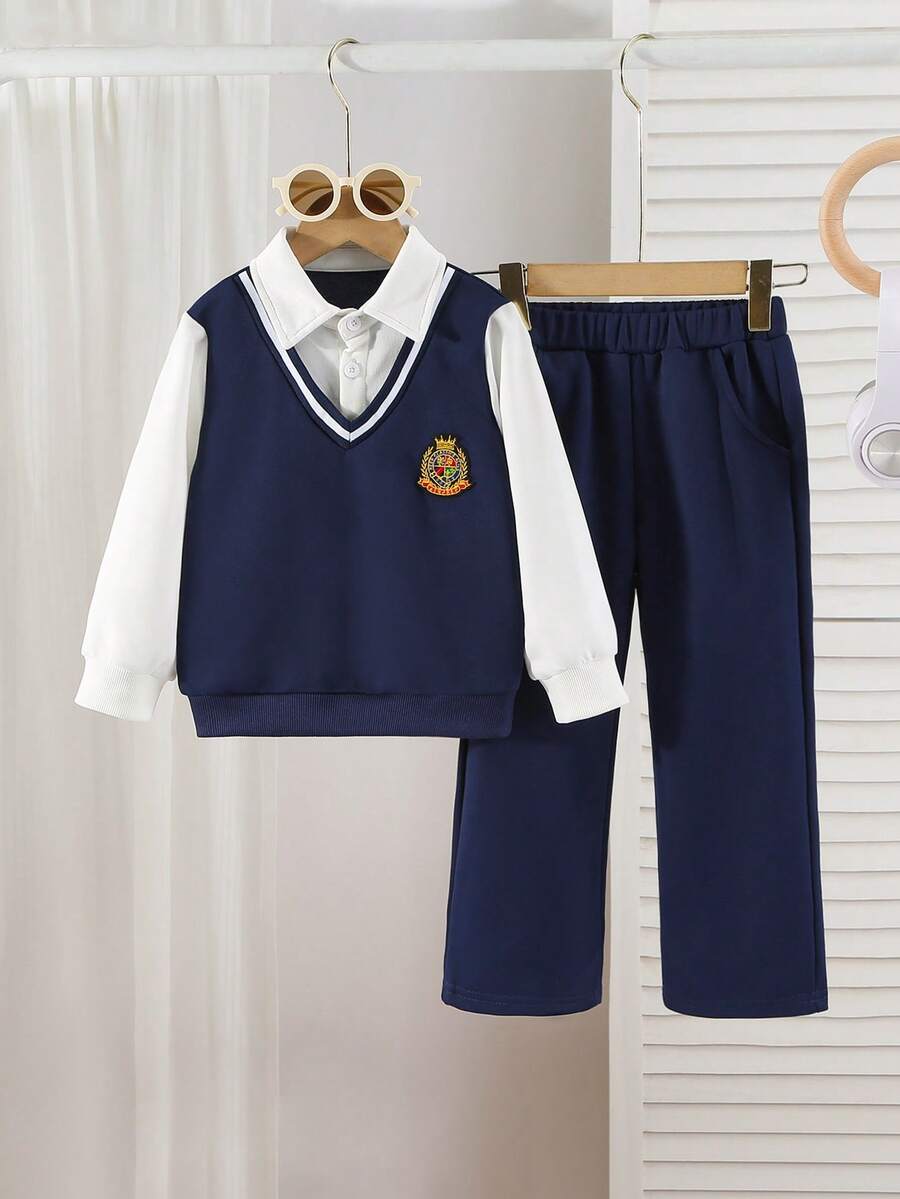 Young Boy2 Pieces Outfit, Long Sleeve Casual Suit With British Style, Suitable For Spring, Autumn And Winter - Blue - View 1