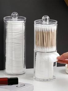 1 pièce Boîte de rangement transparente pour coussinets de maquillage, bocal de rangement avec couvercle, rangement pour outils de nettoyage du visage, support de rangement pour coton démaquillant sur le bureau, accessoires de rangement pour la coiffeuse, accessoires de salle de bain