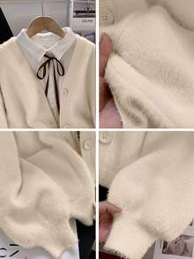 1 件时尚优雅的人造毛皮口袋开衫毛衣，适合秋冬季约会、休闲户外活动和旅行 - 卡其色 - 查看 3