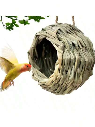 1pc Handwoven Grass Bird Nest, Spherical Open Birdhouse, Parrot Warm Nest, Yard Decor, Suitable For All Seasons, Random Color, Natural Material Color Variation Is Normal