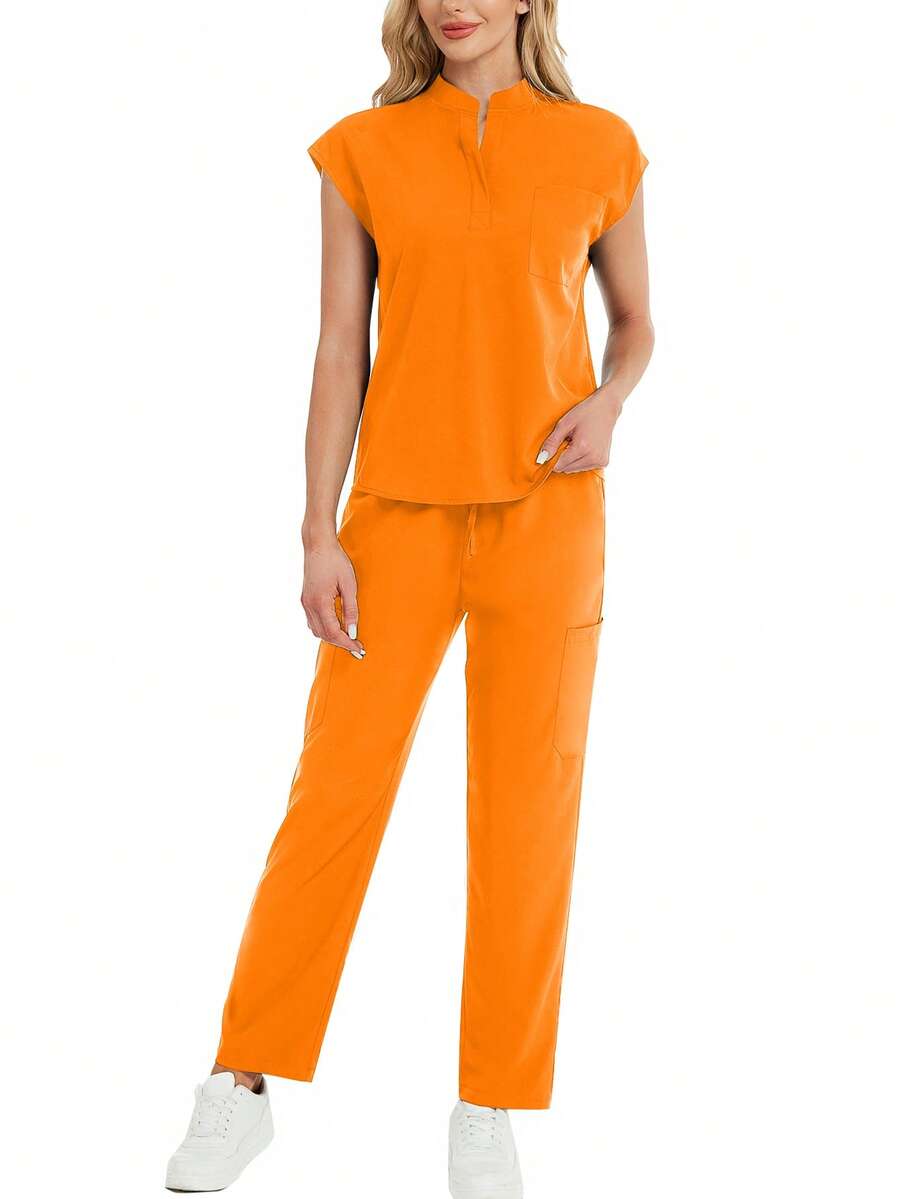 Set de 2 piezas: Top de manga corta con cuello en V de unicolor y pantalones largos de ropa de estar por casa para primavera