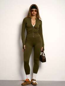 PinkTip Women's Seamless Stretchy Zipper Long Sleeve & Pants Sports Set, Solid Color Casual Minimalist Stand Collar Shaping Jacket & Leggings Workout Set For Running, Fitness, Yoga - 咖啡棕 - 查看 4