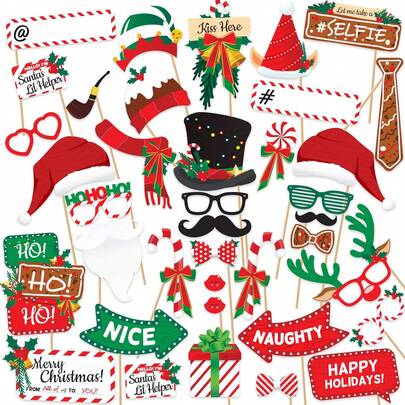 38pcs Christmas Party Decorations, Snowman Funny Photo Paper Masks Glasses Photo Booth, Christmas Photo Props