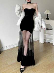 Top Dazzle 女士无袖露肩网纱拼接性感吊带露背连衣裙，魅力时尚，适合任何场合 - 黑色 - 查看 5