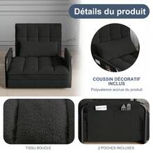 Klappbares Bodensofa, 2-in-1 Schlafsofa mit 5-stufig verstellbarer Rückenlehne, Schlafbereichsfunktion, Gästesofa, Loungesofa, gepolstertes Schlafsofa für Wohnzimmer, Schlafzimmer, Lounge, Balkon - Schwarz