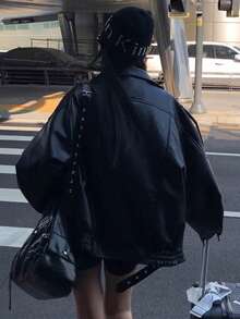 Women's Black Leather Jacket, New Autumn Motorcycle Vintage Unique Cool Tops