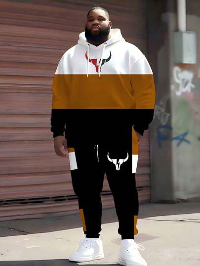 2 st tecknat tryck plusstorlek herr kontrastfärgat tryckt huvtröja och mjukisbyxor casual träningsset, lämplig för utomhusaktiviteter och sport på vår och höst