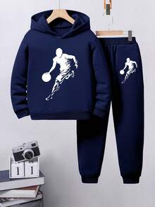 青少年男童卡通印花保暖连帽衫和运动裤套装 - 寶藍色 - 查看 1