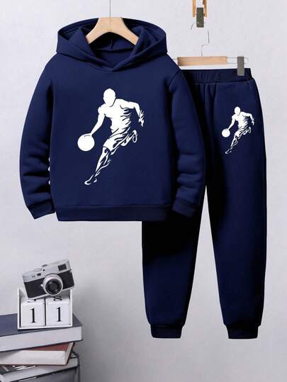 Varm huvtröja och mjukisbyxor för ungdomar med tecknat tryck